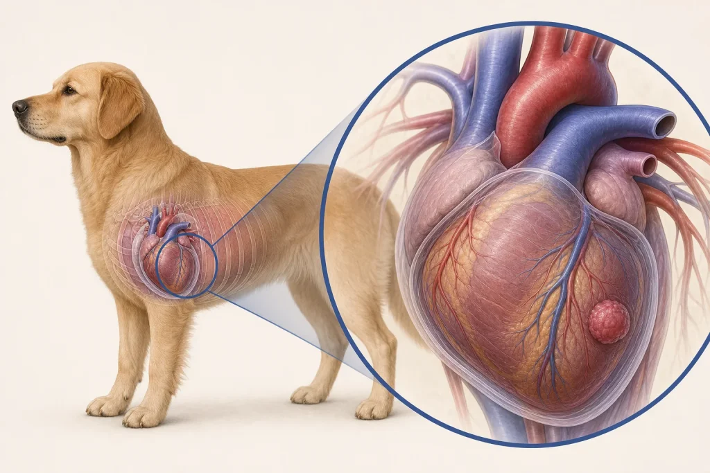 Canine heart and major vessel illustration with a generic localized cardiac mass