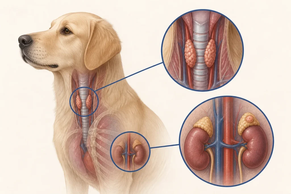 Canine thyroid and adrenal gland anatomy illustration with a generic endocrine gland nodule