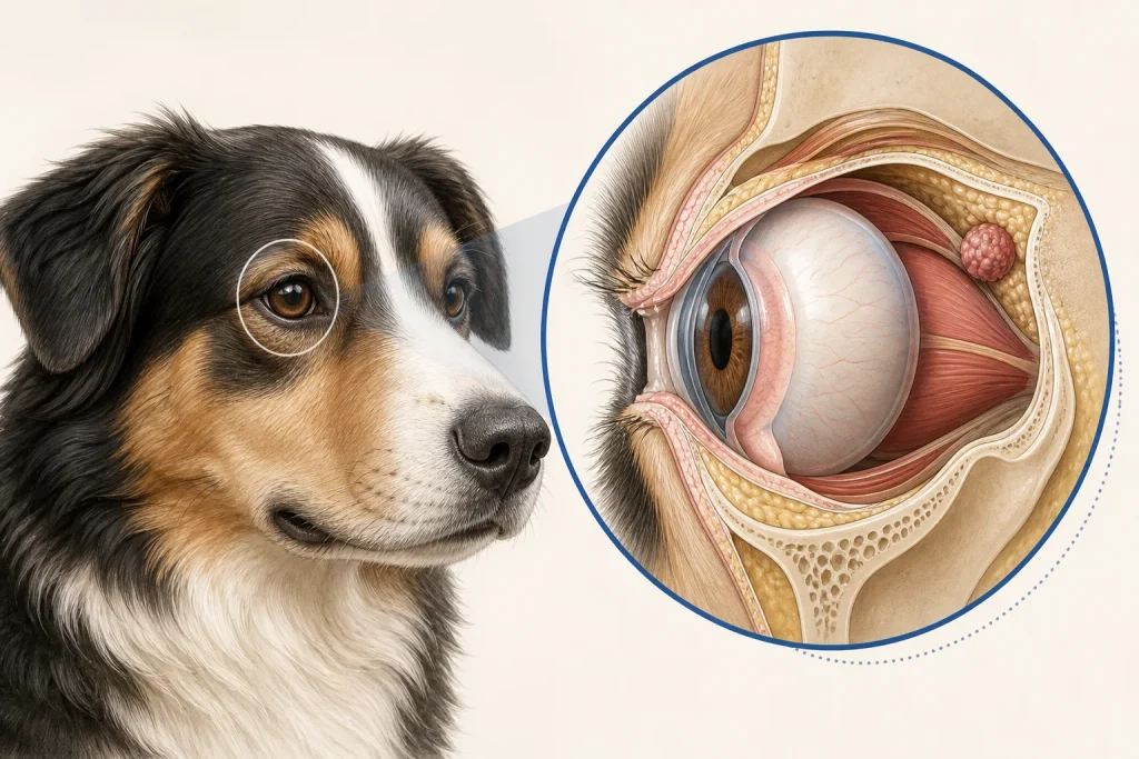 Canine eye and orbit illustration with a generic localized orbital lesion