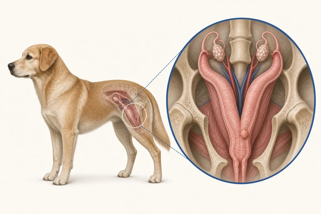 Veterinary illustration of a female dog with a magnified view of the uterus, ovaries and pelvic anatomy