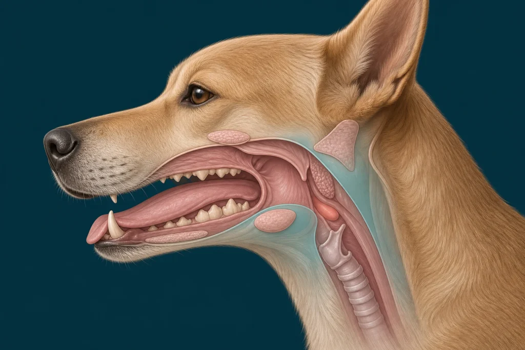 Canine salivary gland and upper-throat anatomy illustration with correctly placed regional structures