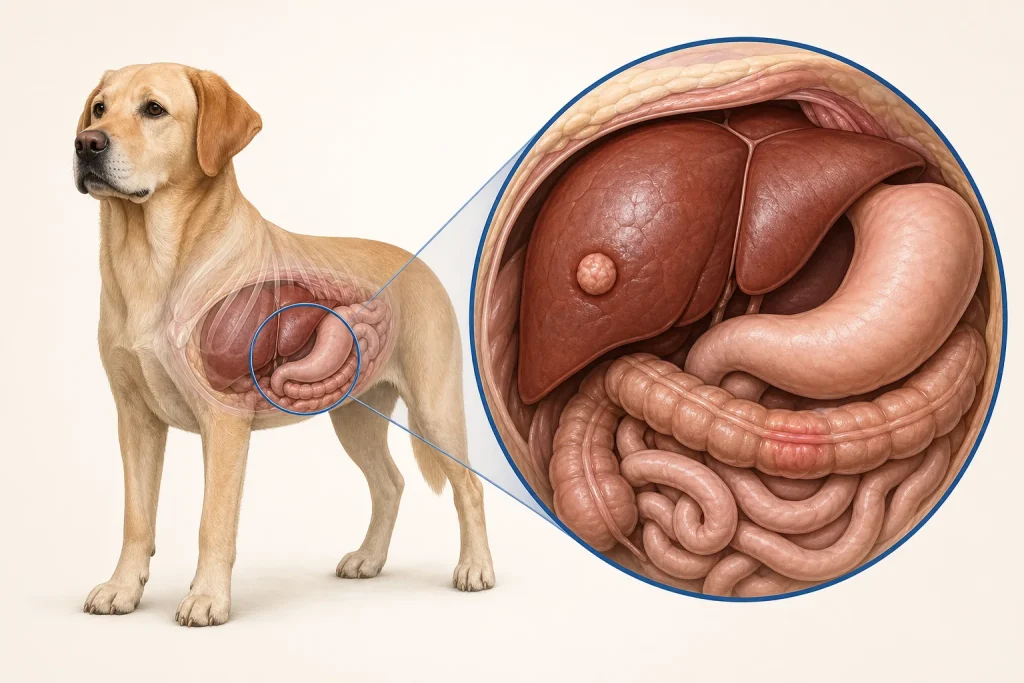 Canine liver and gastrointestinal anatomy illustration with generic localized lesions