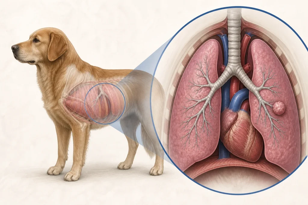 Canine chest illustration with lungs, airways and a generic pulmonary nodule