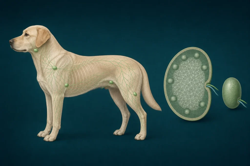 Canine lymphatic anatomy illustration with five major palpable peripheral lymph-node regions