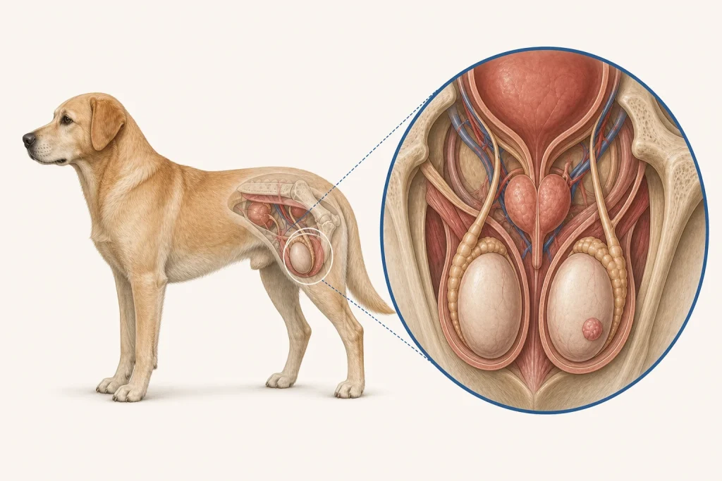 Veterinary illustration of a male dog with a magnified view of the testes, prostate and pelvic anatomy