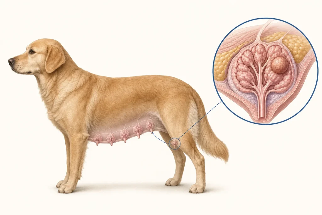 Female dog mammary chain illustration with a generic localized mammary nodule