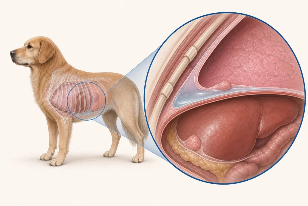 Veterinary illustration of a dog with a magnified view of the body-cavity lining and a small amount of fluid