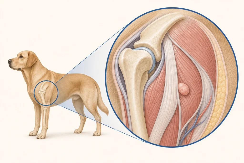 Veterinary illustration of a dog with a magnified view of the shoulder joint, muscle, tendon and fascia