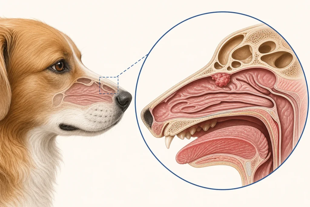 Canine nasal cavity illustration with a generic localized intranasal lesion