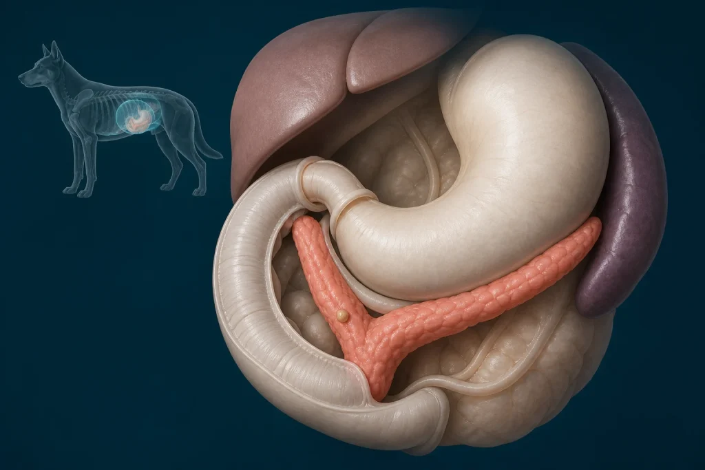 Canine pancreatic anatomy illustration showing the right and left limbs beside the duodenum and stomach