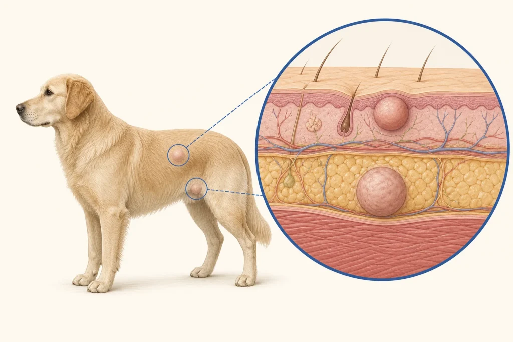 Canine skin and subcutaneous tissue illustration with superficial and deeper generic lumps