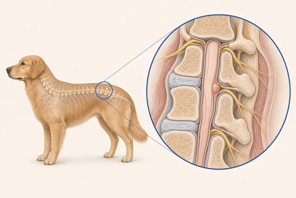 Veterinary illustration of a dog with a magnified view of the vertebrae, spinal cord and nerve roots