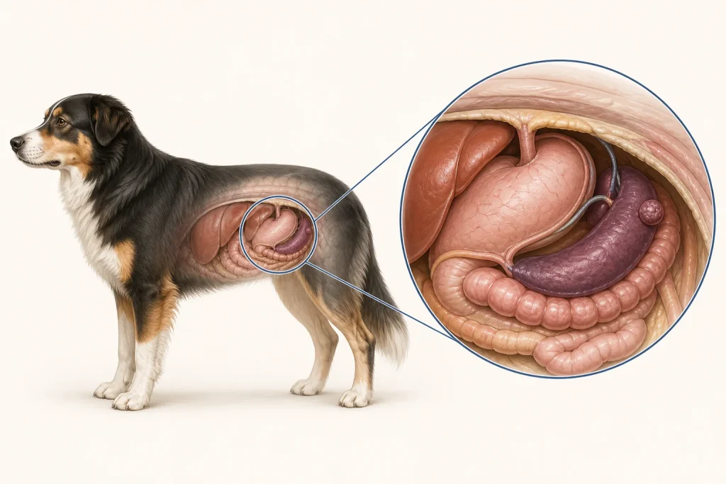 Canine abdominal anatomy illustration with the spleen and a generic splenic nodule