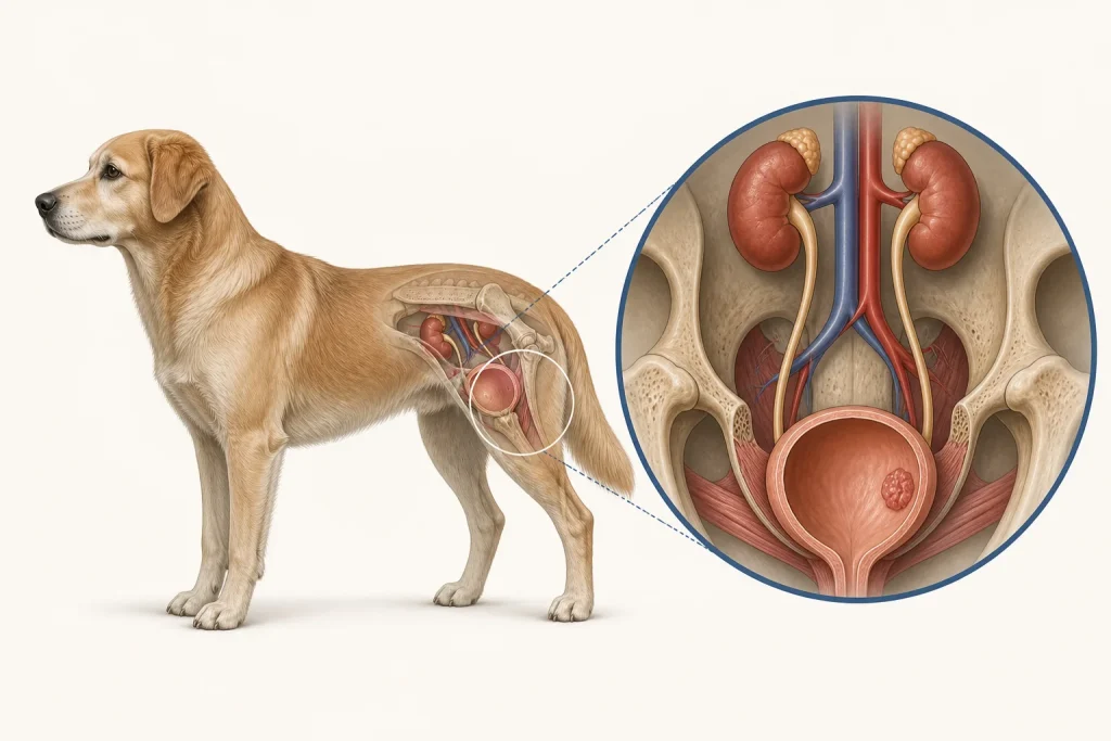 Canine urinary tract illustration with a generic localized bladder wall lesion
