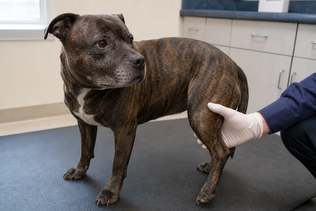 A gloved hand supports a brindle dog's hind leg during an examination.