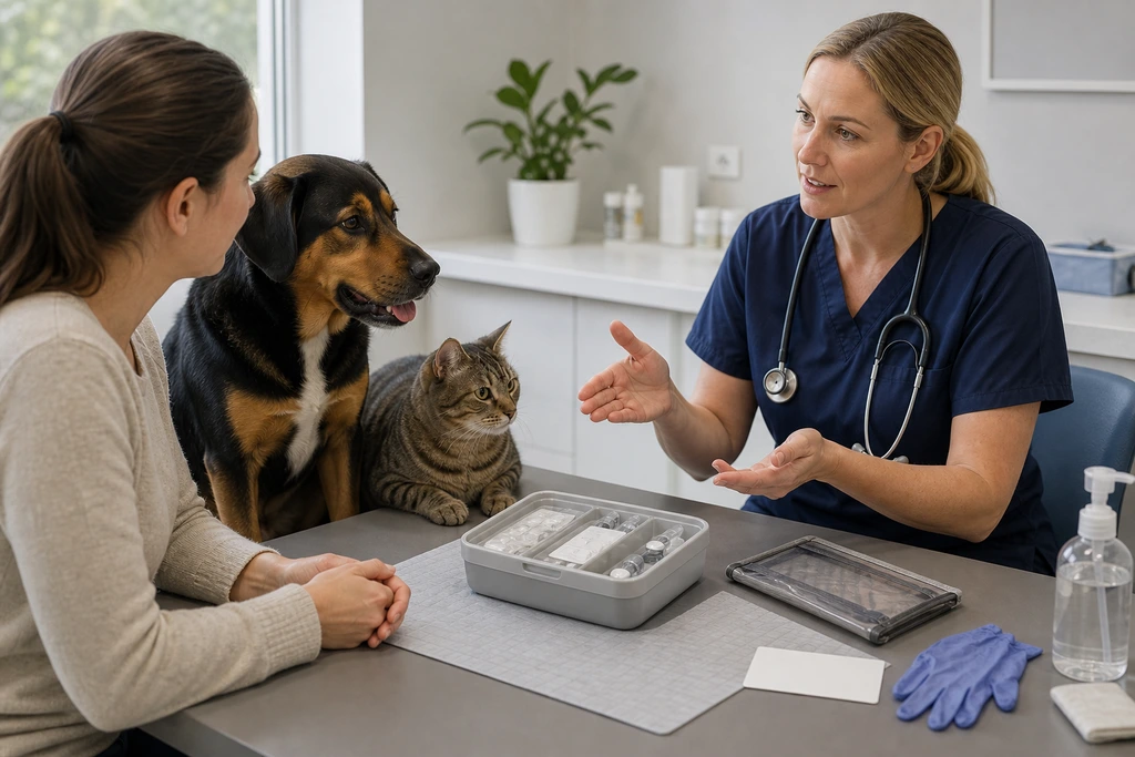 A clinician discusses medication supplies with an owner beside a dog and a cat.